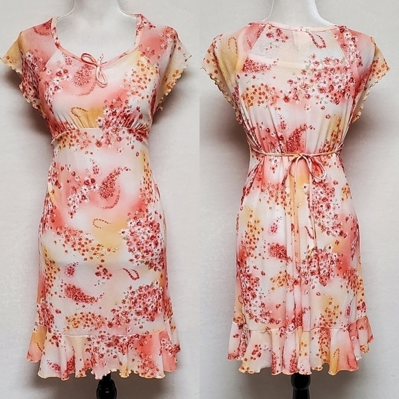 VINTAGE 1990s Carolina Blues Peach Floral Stretchy Ruffle Tie-Waist Mini Dress - Picture 1 of 12